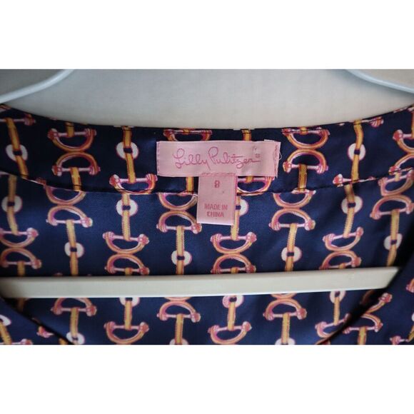 Lilly Pulitzer Women Sz 8 Navy Abelina Lil Bit Print Silk Fit & Flare Dress - Picture 6 of 12